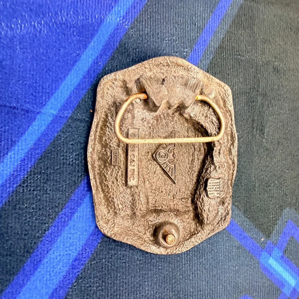 C&J Inc Belt Buckle Mens Silver Train Engine 203 Native American Headdress 1996